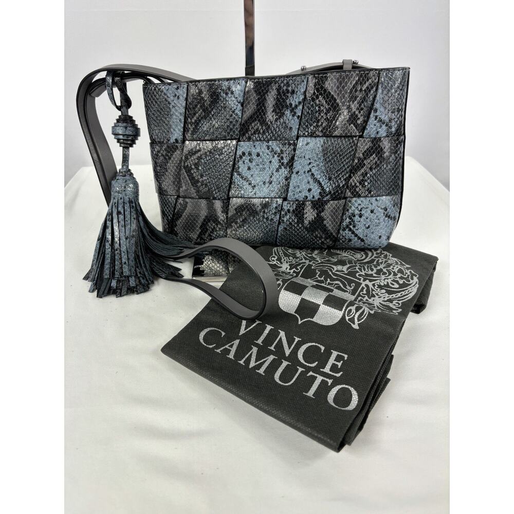 Vince Camuto Josy Woven Leather Crossbody Bag Grey Blue Multi Tassel Reptile